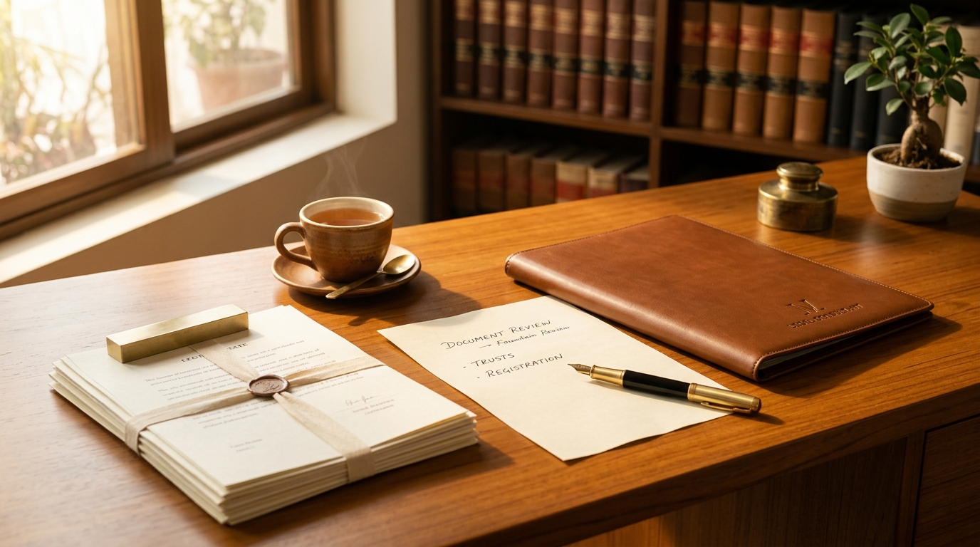 Organized Indian legal documentation consultant desk with fountain pen, leather dossier and natural morning light